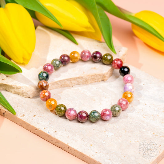 Rainbow tourmaline beaded bracelet with multicolor round gemstone beads