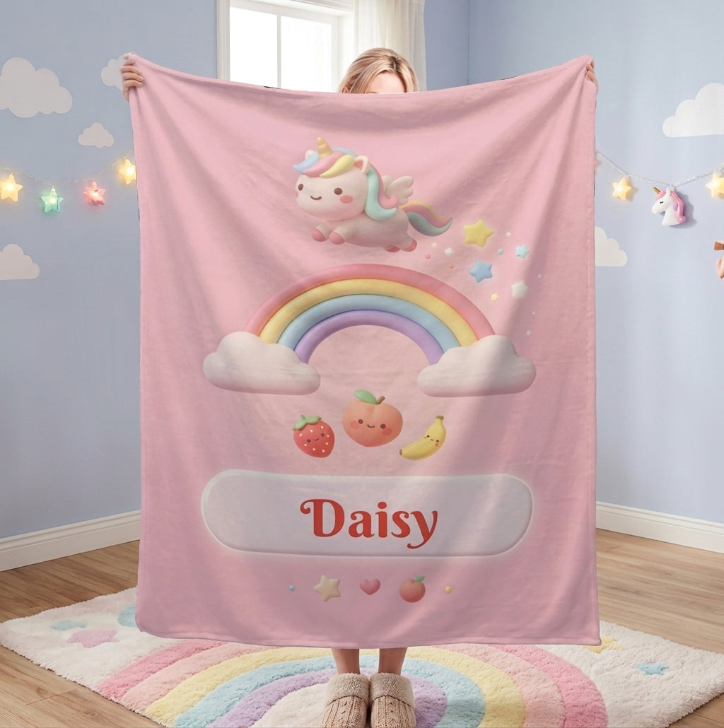 Personalized Unicorn Blanket | Custom Name | Pastel Rainbow Pink Fleece Throw Gift
