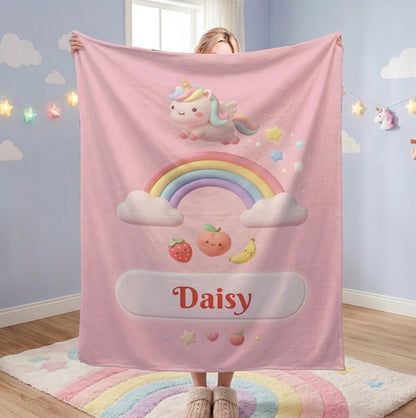 Personalized Unicorn Blanket | Custom Name | Pastel Rainbow Pink Fleece Throw Gift