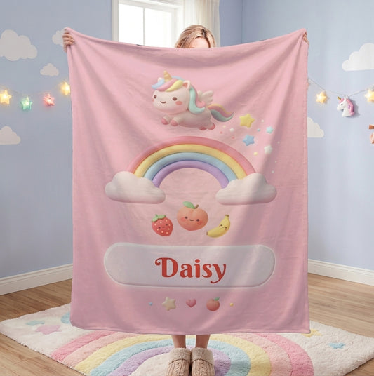 Personalized Unicorn Blanket | Custom Name | Pastel Rainbow Pink Fleece Throw Gift