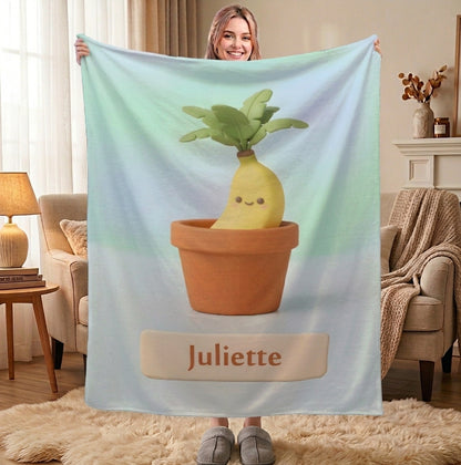 Personalized Kawaii Banana Blanket | Custom Name | Cute Potted Fruit Mint Blue Fleece Throw Gift