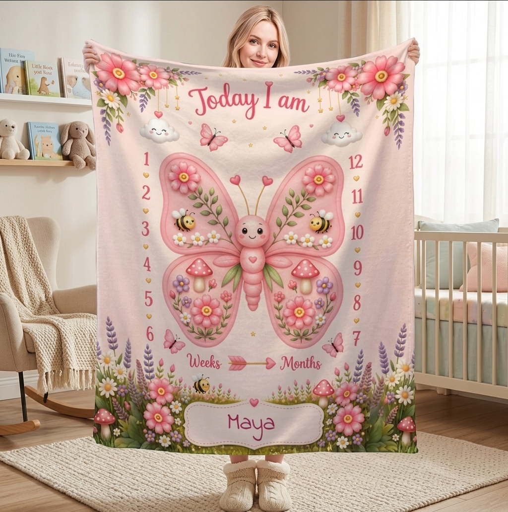Personalized baby milestone blanket held up, pink butterfly garden, weeks/months, Maya