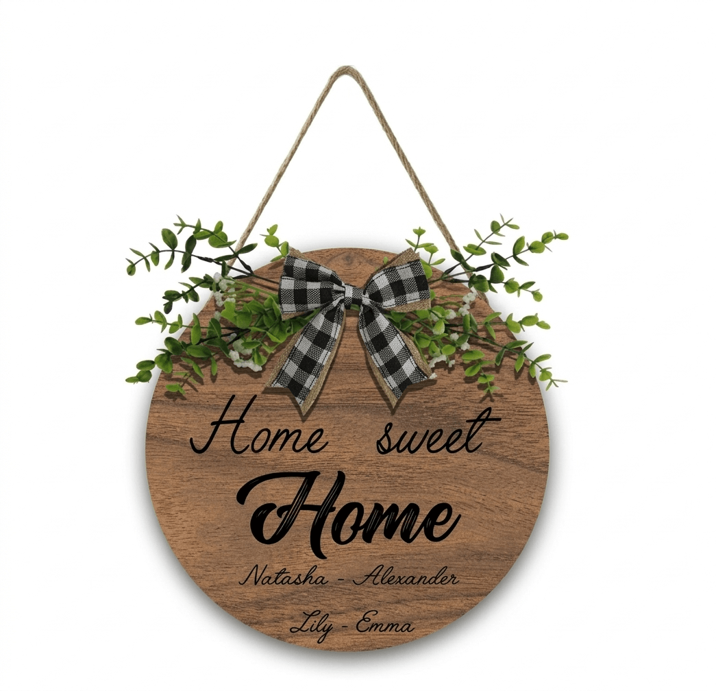 Round wooden “Home Sweet Home” sign with black-and-white bow, green foliage, names