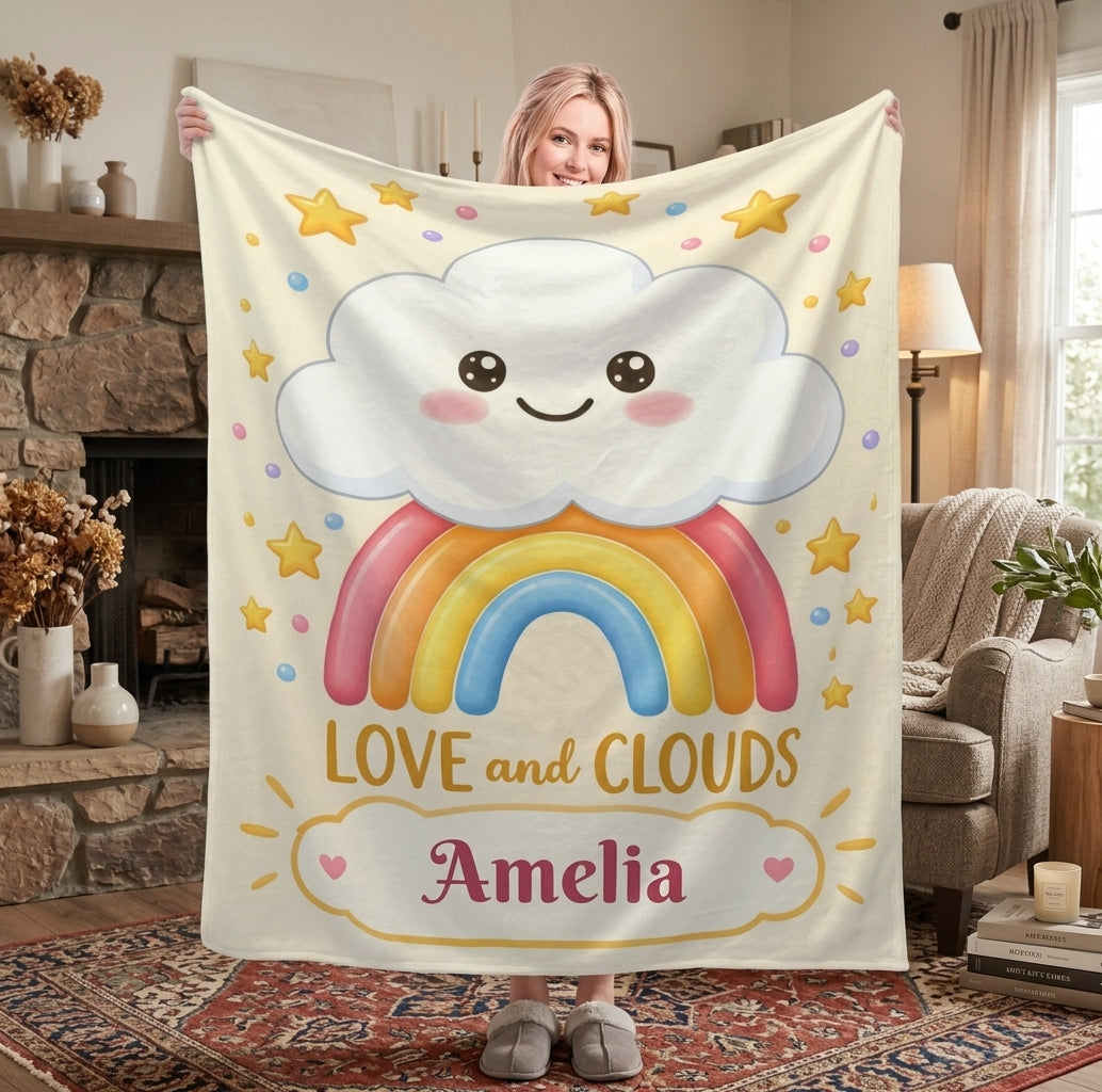 Personalized Rainbow Cat Blanket | Custom Name | Love and Clouds White Kitty Fleece Throw Gift