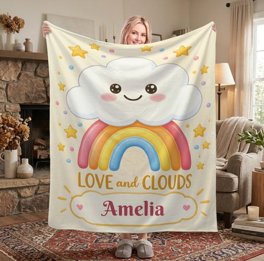 Personalized Rainbow Cat Blanket | Custom Name | Love and Clouds White Kitty Fleece Throw Gift