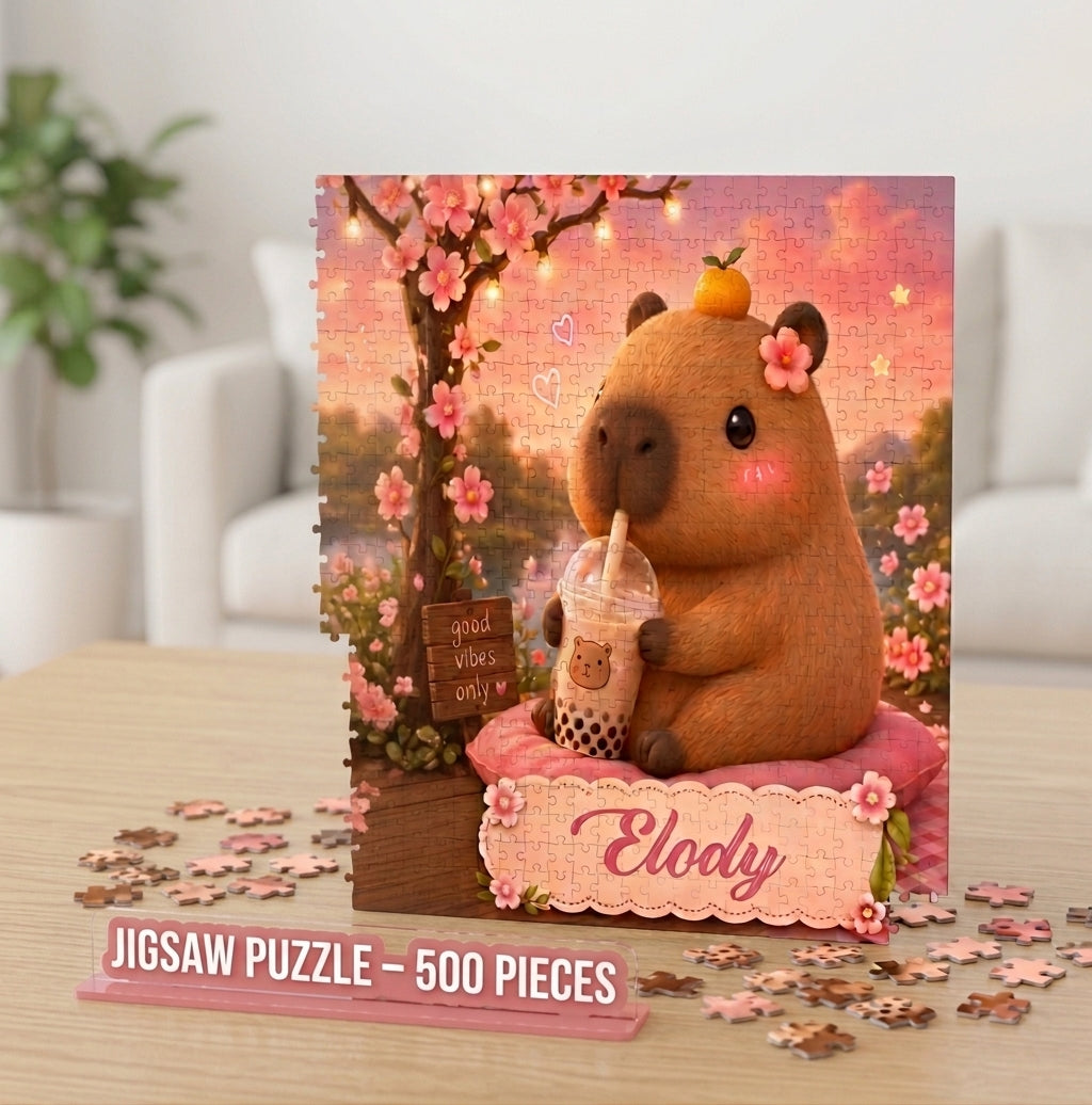 500-piece jigsaw puzzle with a capybara holding a cup on pink blossoms, name Elody