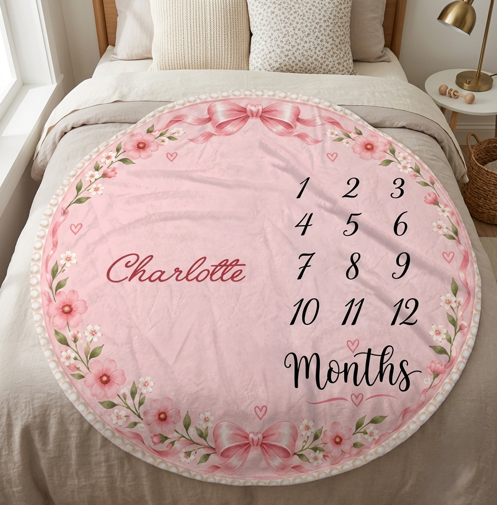 Round pink milestone blanket on bed with floral border, name Charlotte and 1-12 months numbers