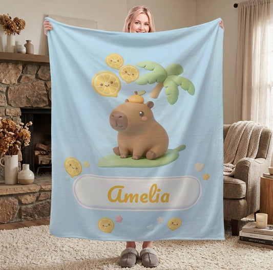 Personalized Kawaii Capybara Blanket | Custom Name | Palm Tree Blue Tropical Fleece Throw Gift