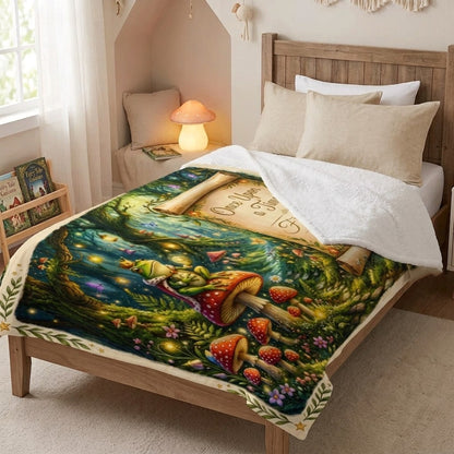 Personalized enchanted forest throw blanket draped on bed, glowing forest and 'Once Upon a Time Finley'