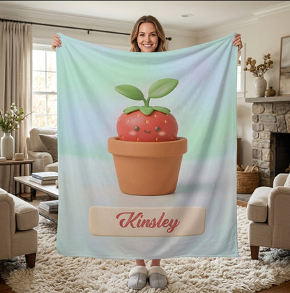 Personalized Kawaii Strawberry Blanket | Custom Name | Cute Potted Fruit Mint Blue Fleece Throw Gift