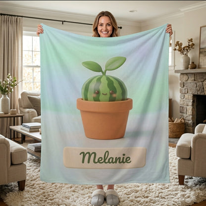 Personalized Kawaii Watermelon Blanket | Custom Name | Cute Potted Fruit Mint Blue Fleece Throw Gift