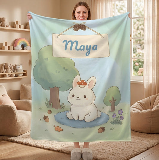 Personalized Bunny Blanket | Custom Name | Kawaii Rabbit Flannel Throw Gift