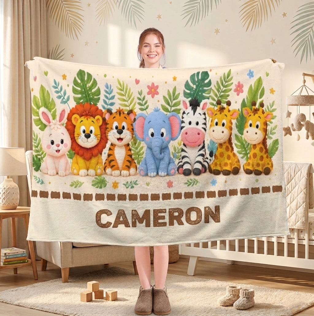 Personalized safari animal blanket with CAMERON name and jungle character row