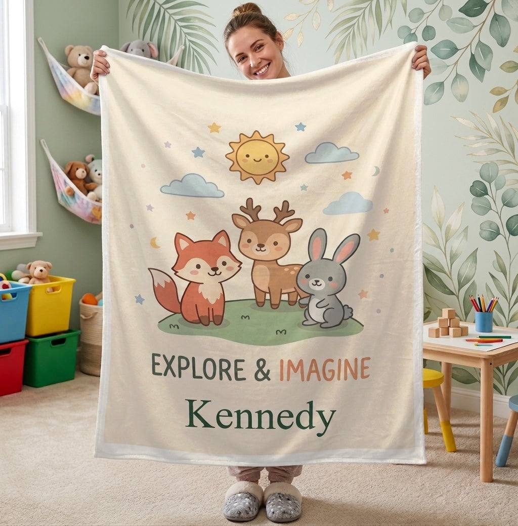 Personalized Woodland Friends Blanket | Custom Name | Fox Deer Bunny Explore Imagine Gift
