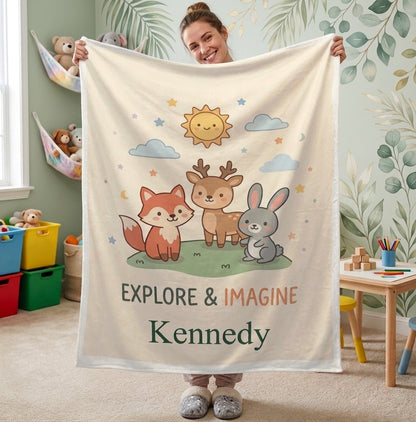Personalized Woodland Friends Blanket | Custom Name | Fox Deer Bunny Explore Imagine Gift