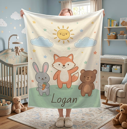 Personalized Woodland Animal Blanket | Custom Name | Bunny Fox Bear Sun Meadow Fleece Throw Gift