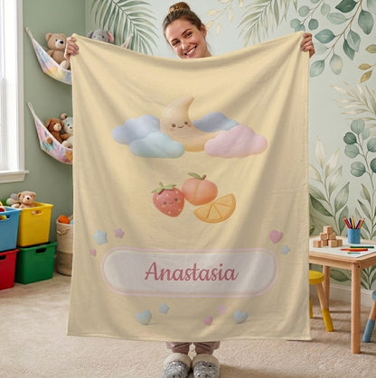 Personalized Pastel Fruit Cloud Blanket | Custom Name | Kawaii Flannel Throw Gift
