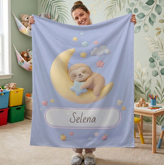 Personalized Sleeping Sloth Blanket | Custom Name | Crescent Moon Kawaii Flannel Throw Gift