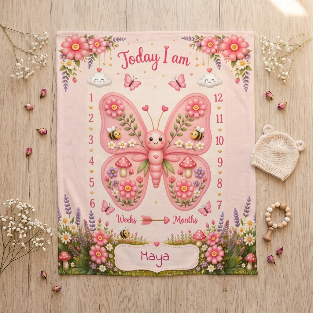 Personalized baby milestone blanket with pink butterfly garden, name Maya, Today I am text