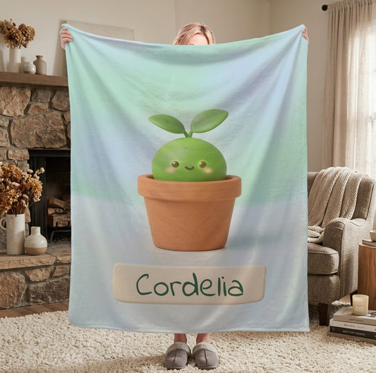 Personalized Kawaii Plant Blanket | Custom Name | Cute Succulent Pot Mint Blue Fleece Throw Gift