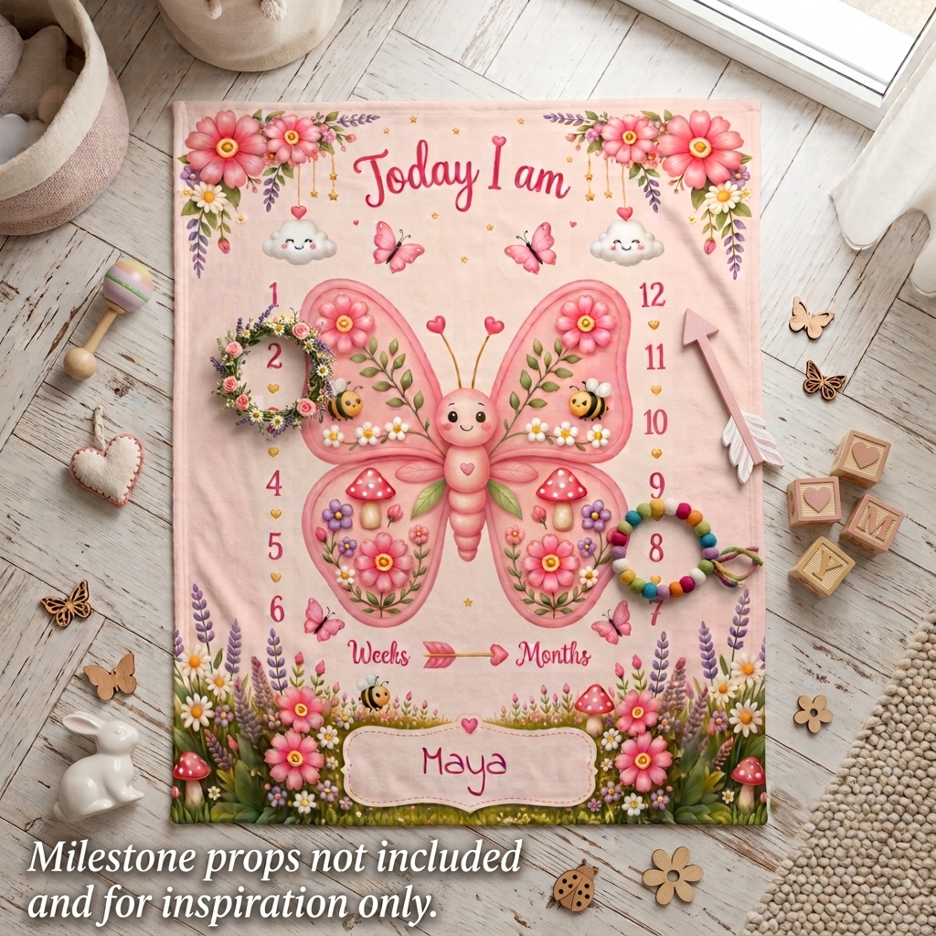 Personalized baby milestone blanket with pink butterfly garden, days/weeks/months and name Maya