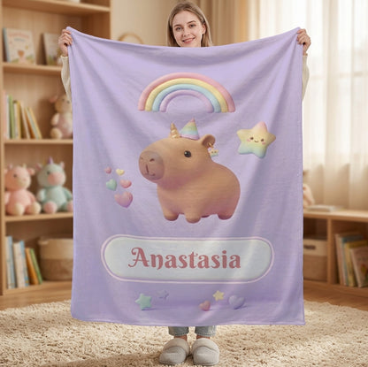 Personalized Kawaii Capybara Blanket | Custom Name | Pastel Rainbow Party Hat Lavender Fleece Throw Gift