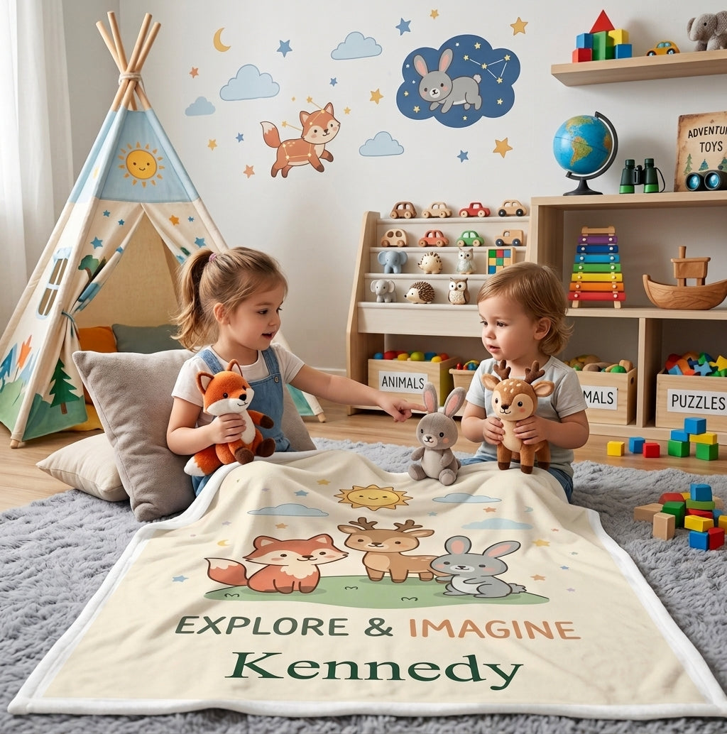Personalized Woodland Friends Blanket | Custom Name | Fox Deer Bunny Explore Imagine Gift