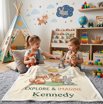 Personalized Woodland Friends Blanket | Custom Name | Fox Deer Bunny Explore Imagine Gift