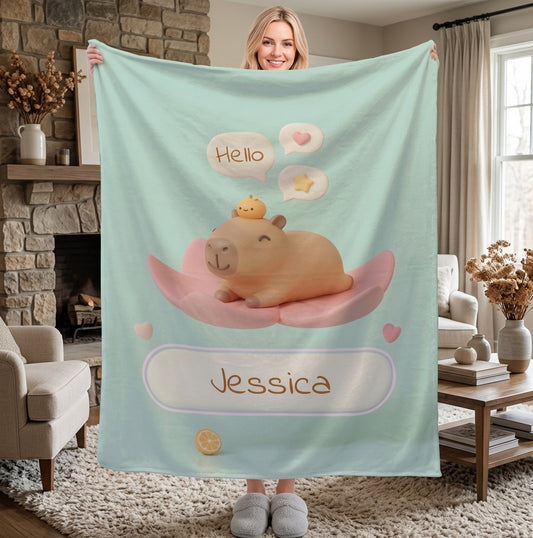 Personalized Kawaii Capybara Blanket | Custom Name | Mint Green Cute Lily Pad Fleece Throw Gift