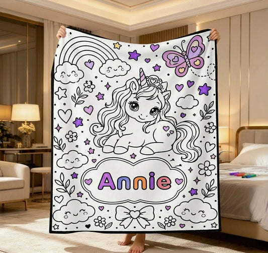 Personalized unicorn doodle coloring blanket, white with outline art and name Annie