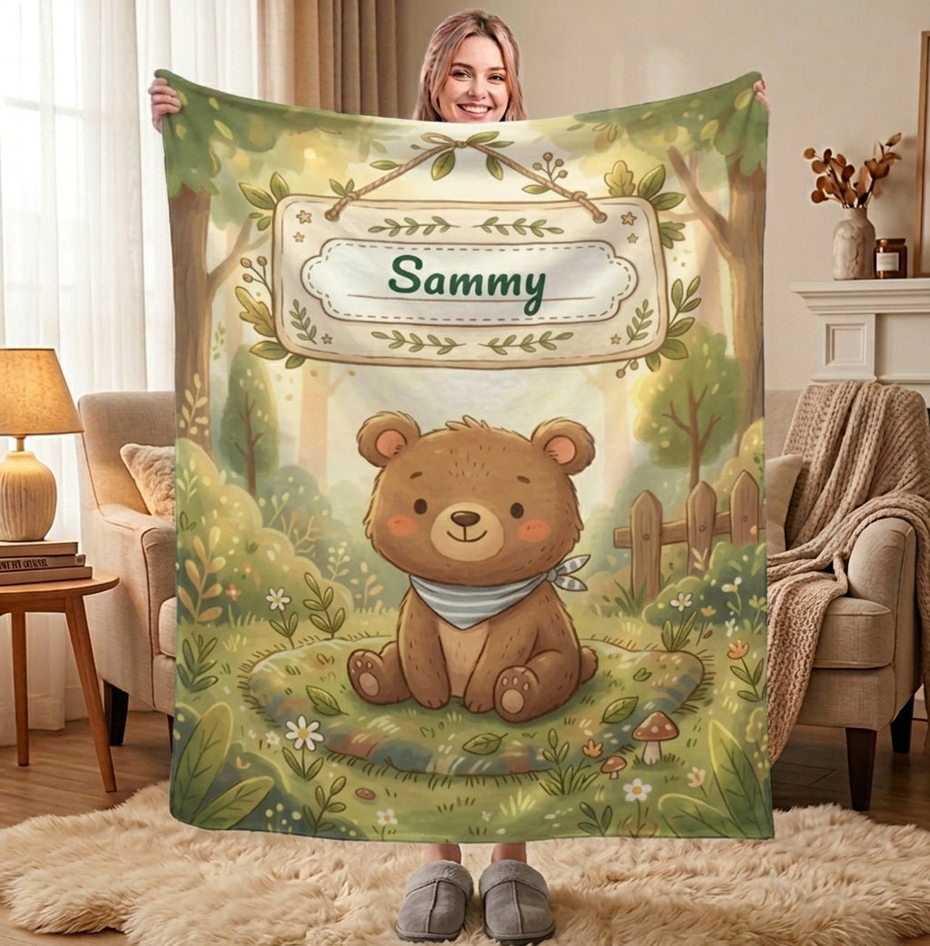 Personalized Woodland Bear Blanket | Custom Name | Storybook Forest Bandana Cozy Fleece Throw Gift