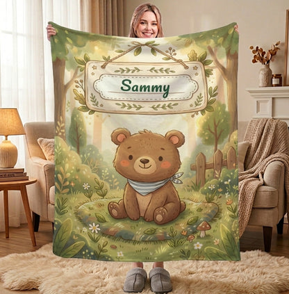 Personalized Woodland Bear Blanket | Custom Name | Storybook Forest Bandana Cozy Fleece Throw Gift