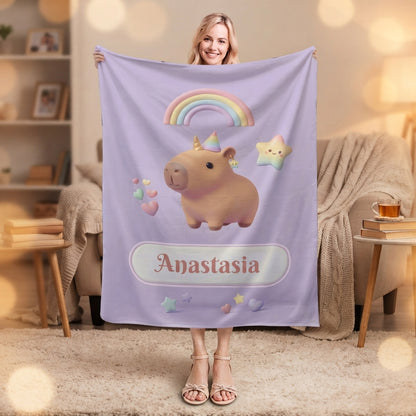 Personalized Kawaii Capybara Blanket | Custom Name | Pastel Rainbow Party Hat Lavender Fleece Throw Gift