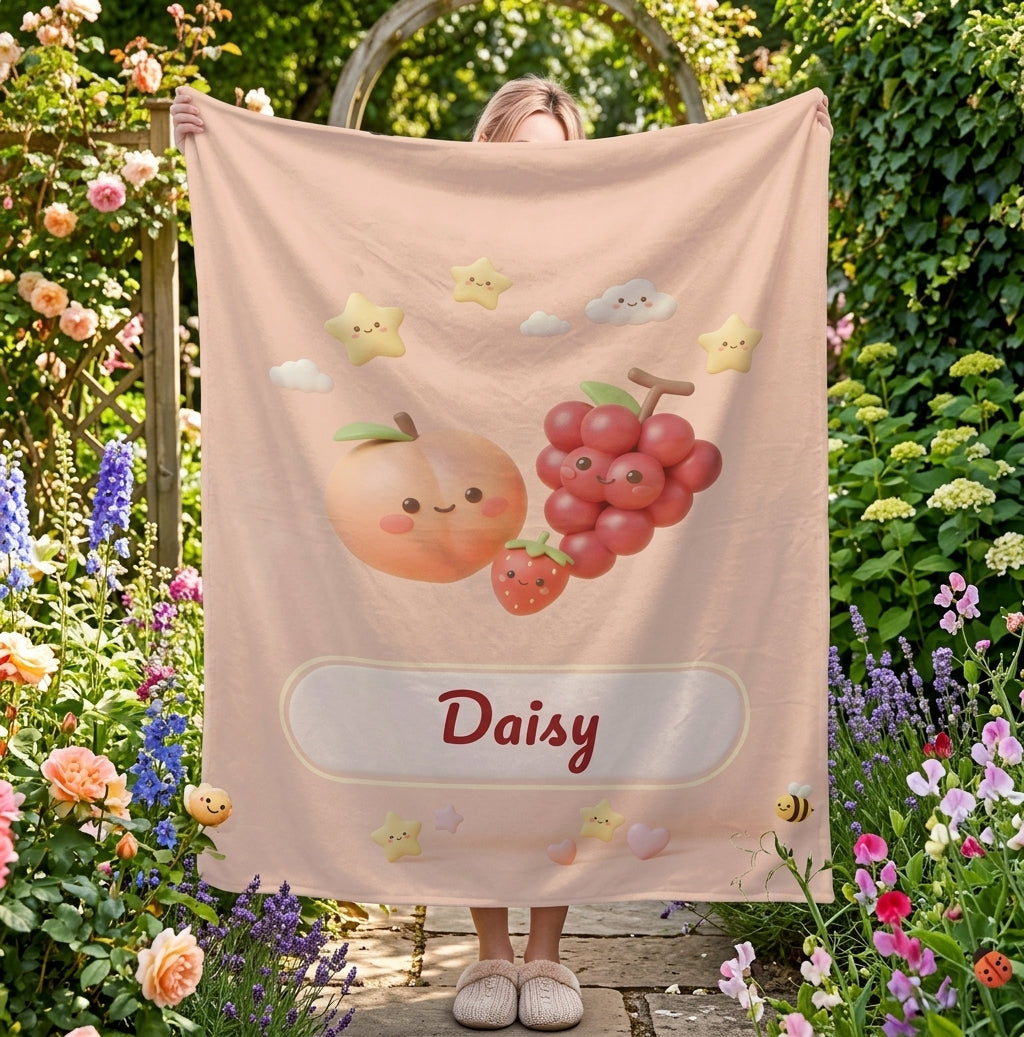 Personalized Fruit Blanket | Custom Name | Peach Grape Strawberry Pink Fleece Throw Gift