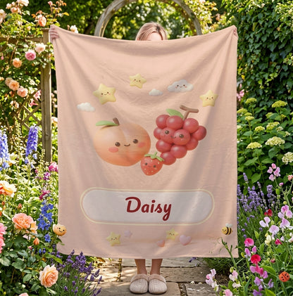 Personalized Fruit Blanket | Custom Name | Peach Grape Strawberry Pink Fleece Throw Gift