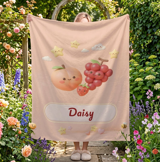 Personalized Fruit Blanket | Custom Name | Peach Grape Strawberry Pink Fleece Throw Gift