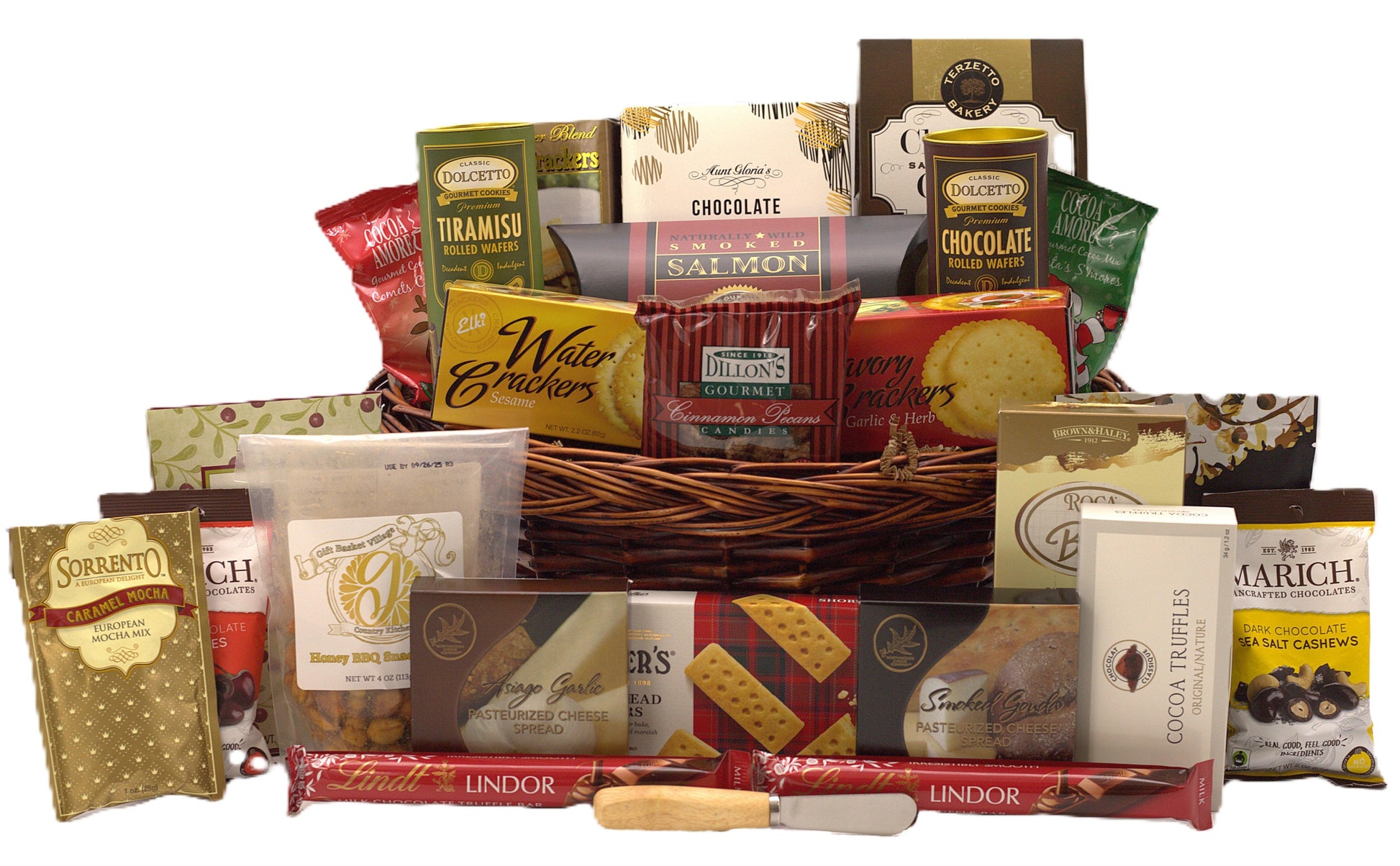 Gift basket filled with assorted chocolates, cookies, and snacks in a wicker basket