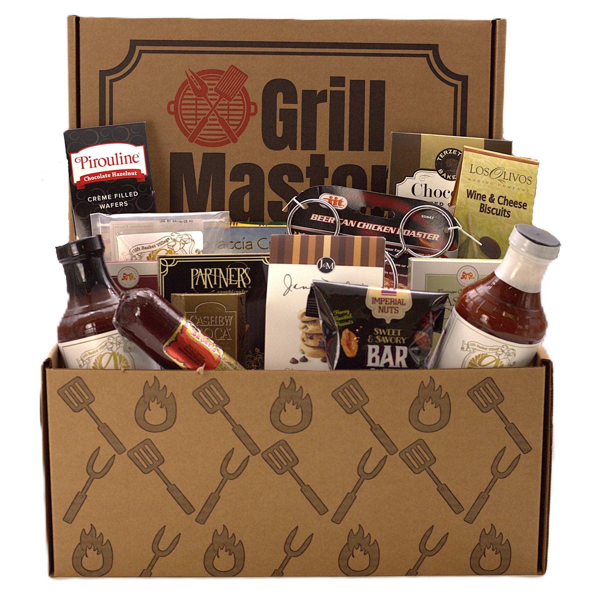 Grill Master gift box with cookies, chocolate bars, wine & cheese biscuits, and sauces