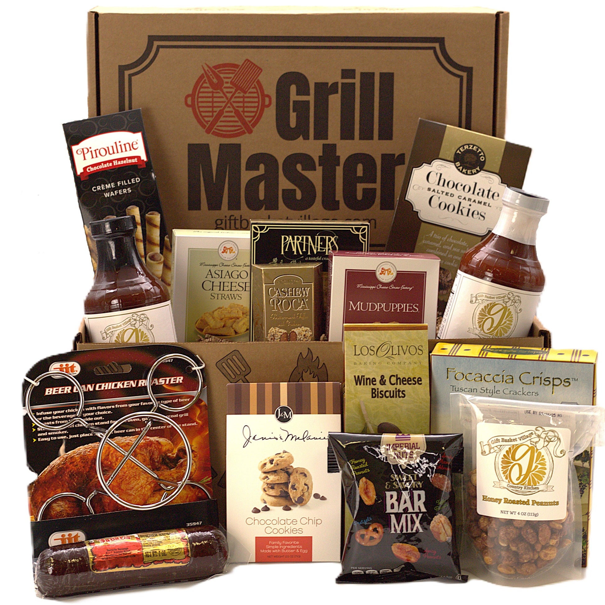 Grill Master gift box with beer-chicken roaster, bar mix, chips, cookies, and chocolate wafers