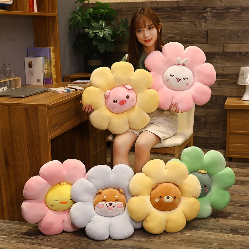 Pastel plush flower pillows with animal faces, flower-shaped cushioned pillows