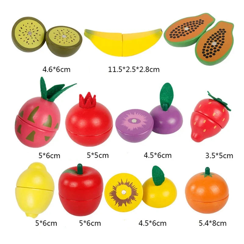 Set of wooden pretend fruit and vegetables, illustrated pieces with connecting pegs