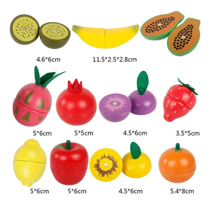 Set of wooden pretend fruit and vegetables, illustrated pieces with connecting pegs