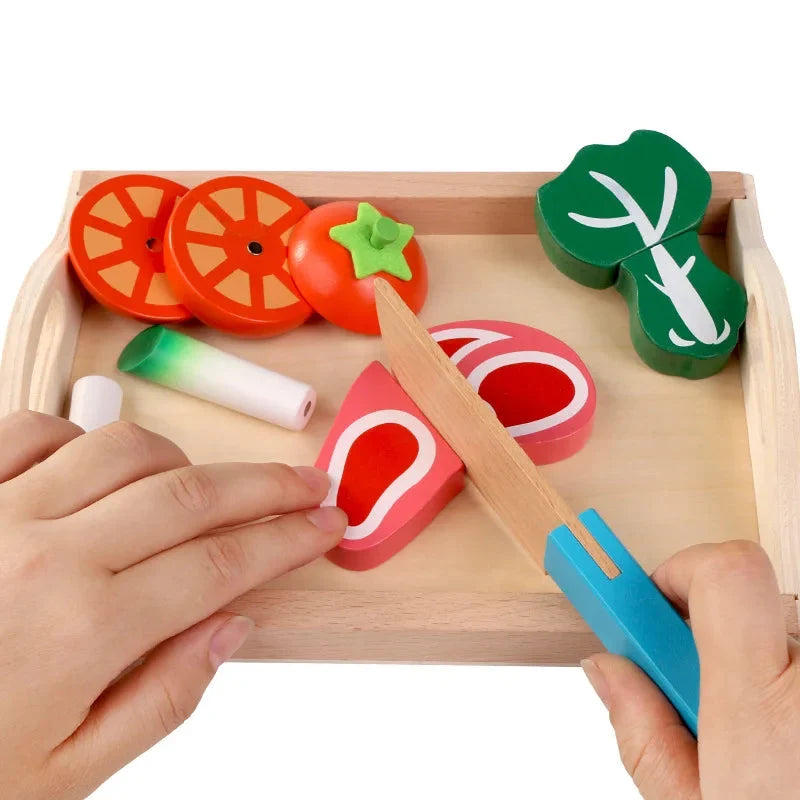 Pretend wooden cutting set with slice pieces on a light wood board and wooden knife