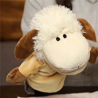 Sheep finger story puppet toy with fluffy white head, brown ears, and friendly face.