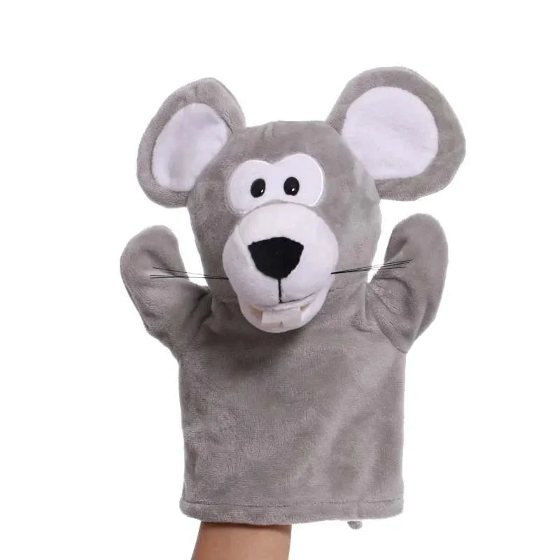 Gray mouse finger puppet plush with round ears and big black eyes