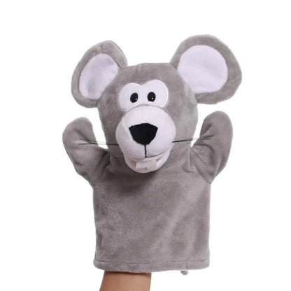 Gray mouse finger puppet plush with round ears and big black eyes