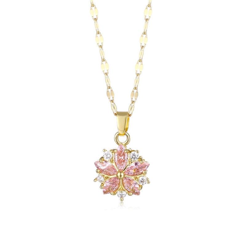 Cherry blossom pendant necklace with gold-tone bail and pink flower with clear stones