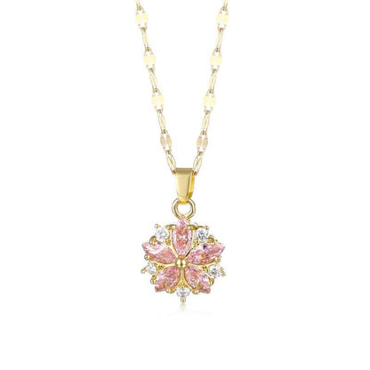 Cherry blossom pendant necklace with gold-tone bail and pink flower with clear stones