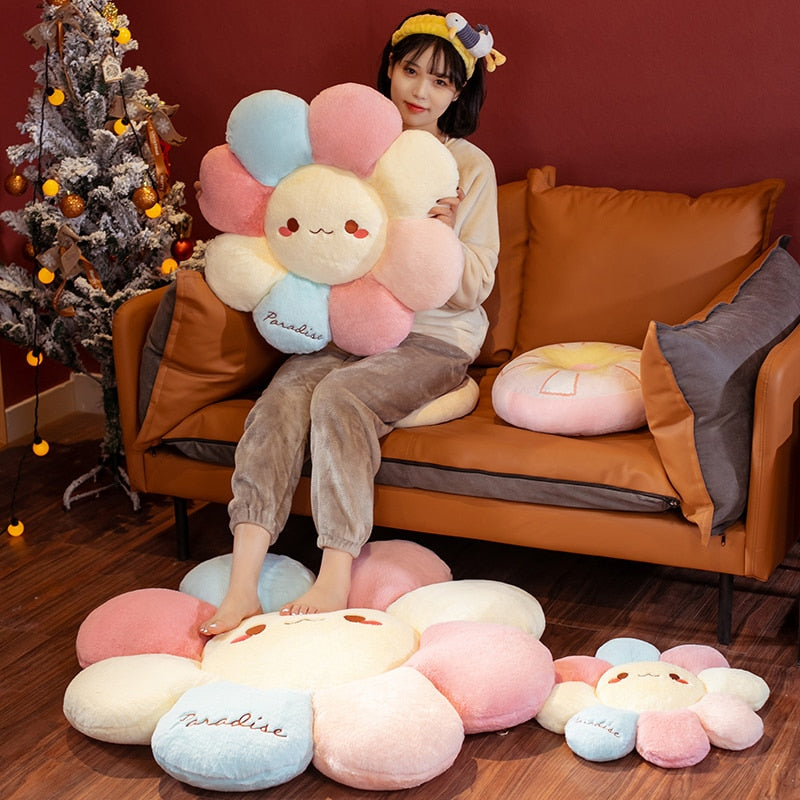 Pastel plush flower pillow with cute face, round multicolor petal cushions
