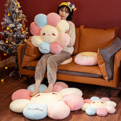 Pastel plush flower pillow with cute face, round multicolor petal cushions
